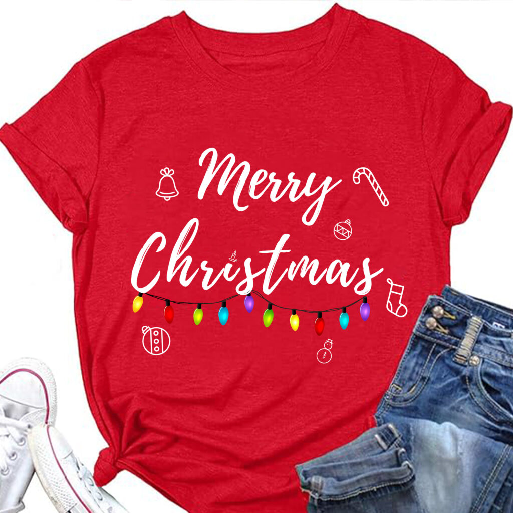 a red shirt with white text and jeans and shoes Merry Christmas