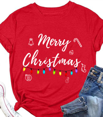 a red shirt with white text and jeans and shoes Merry Christmas