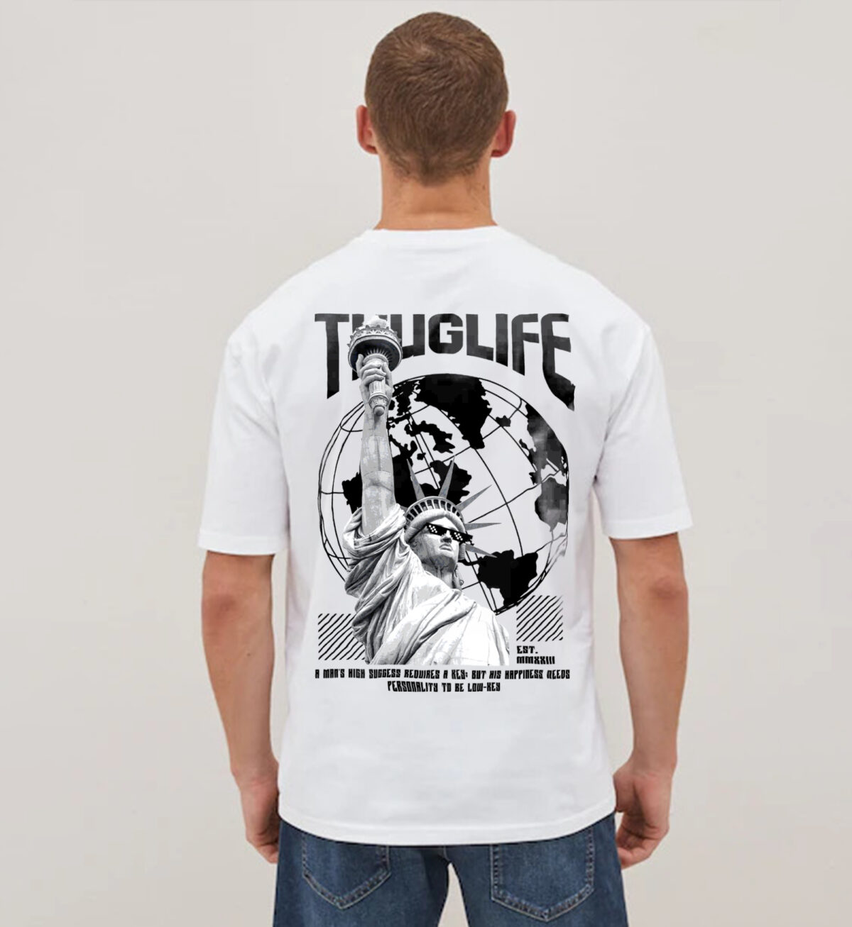 Urban streetwear t-shirt featuring a Greek statue graphic with Thug Life sunglasses