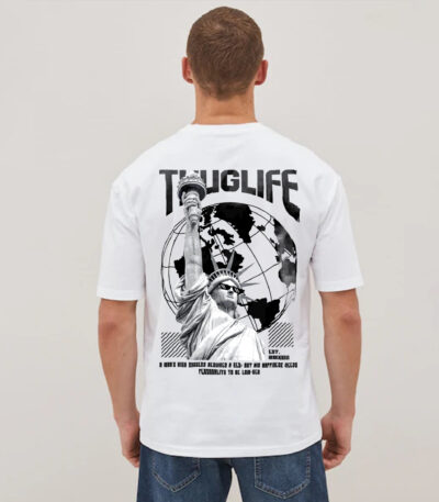 Urban streetwear t-shirt featuring a Greek statue graphic with Thug Life sunglasses