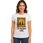 I Love Dubai UAE T-Shirt – Women’s Souvenir Tee with Dubai Frame & Skyline Print 100% Cotton